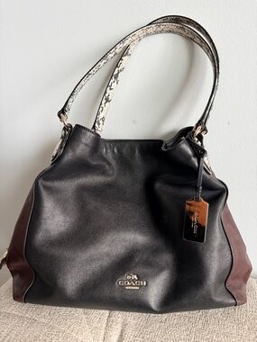 Coach Black Leather Shoulder Bag with Brown Sides and Snake-Print Straps